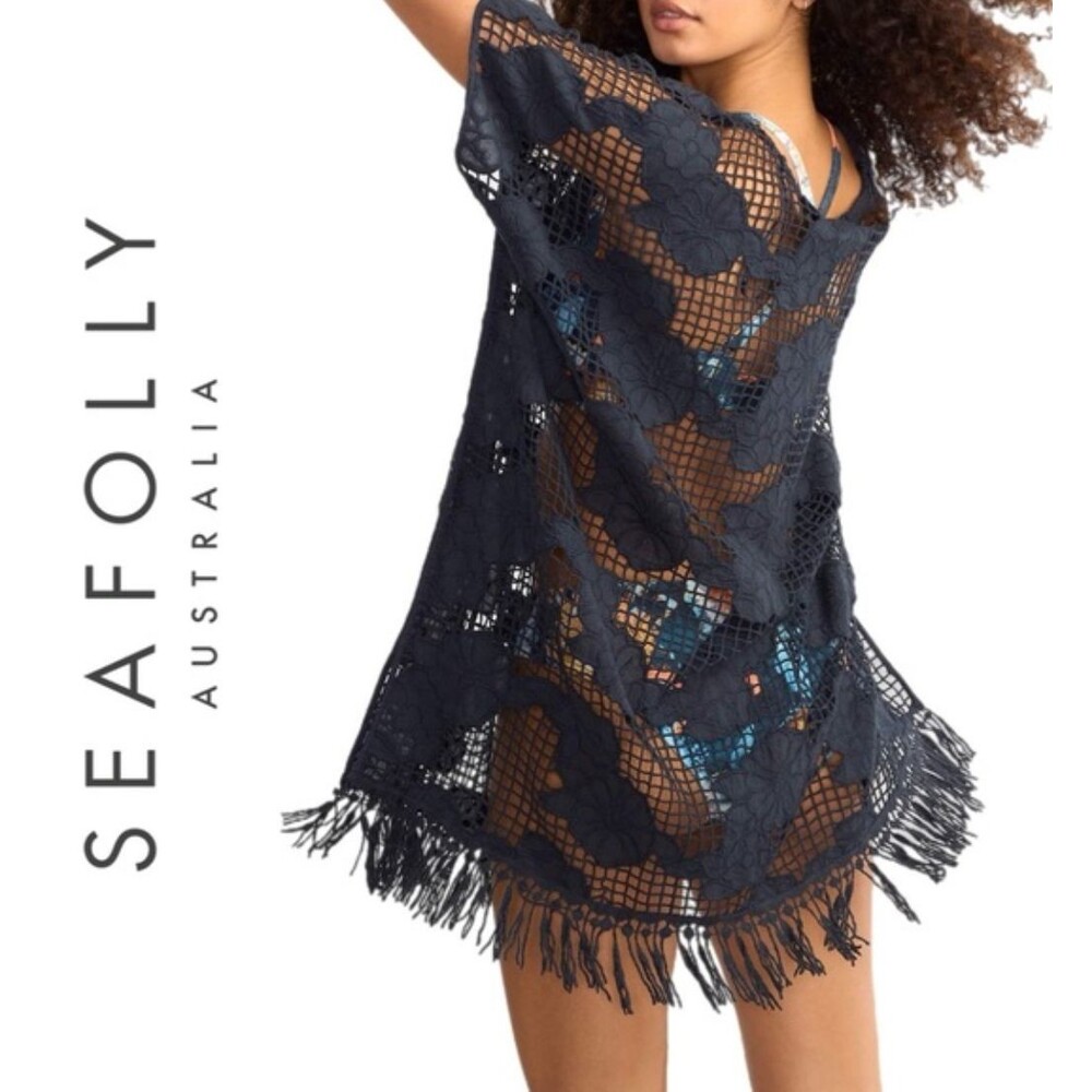 VGUC Seafolly True Navy Kaftan Crochet Cotton Fringe Swim Cover-Up OS